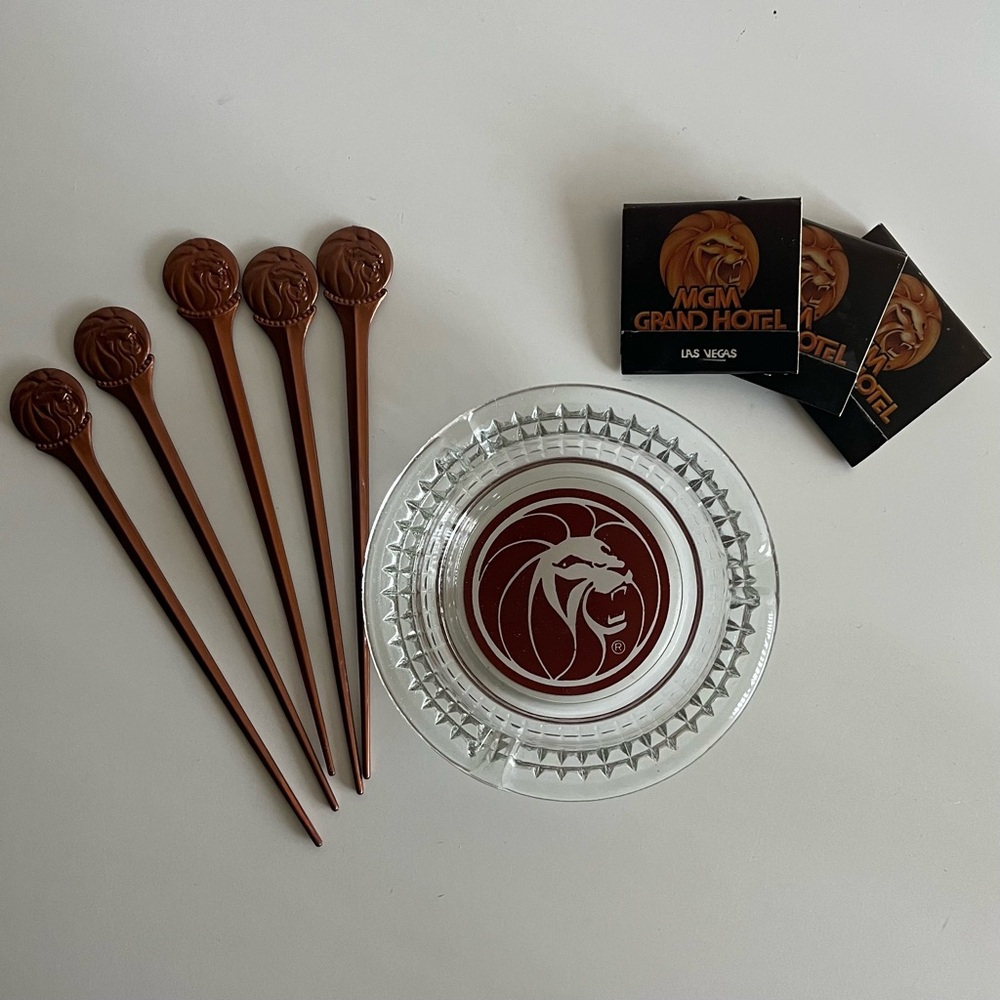 Vintage Las Vegas MGM Grand Hotel Casino Matchbooks, Ashtray, and Swizzle Sticks